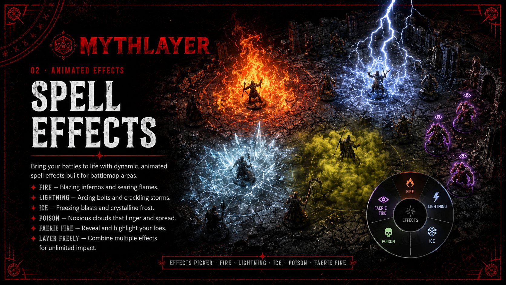 Spell Effects — fire, lightning, ice, poison, and faerie fire animated overlays