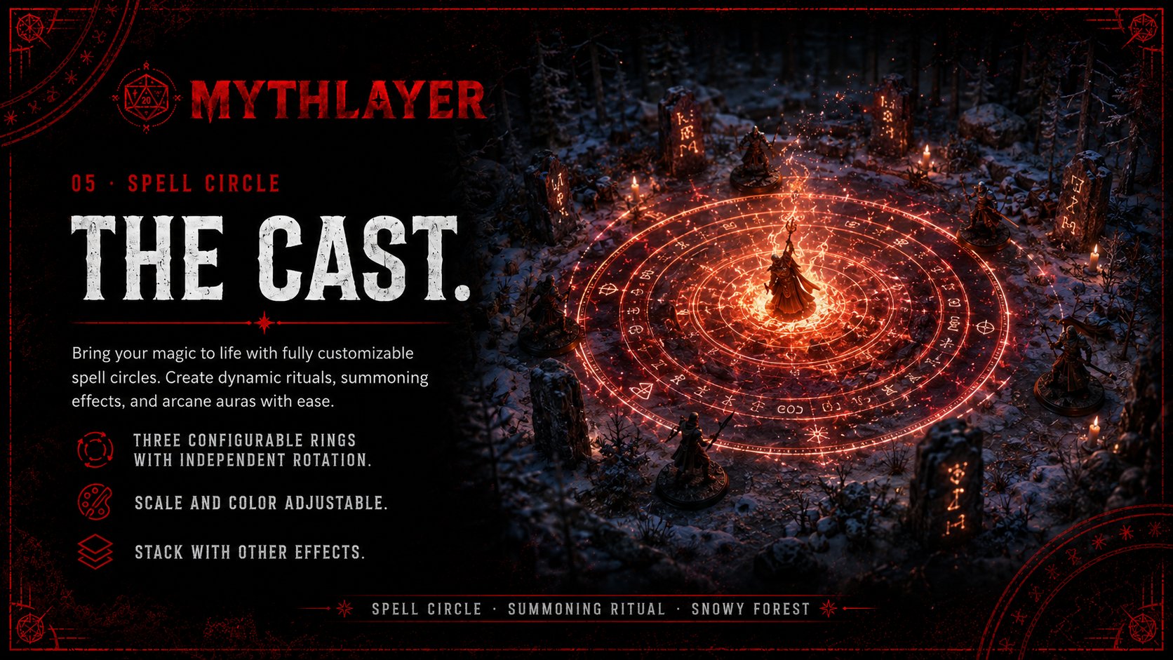 The Cast — customizable spell circles with three configurable rings and independent rotation