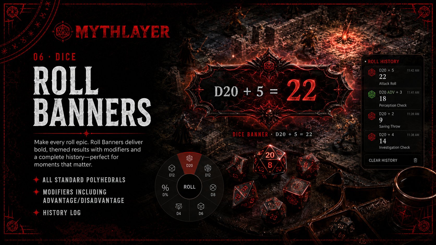 Roll Banners — themed dice rolls with modifiers, advantage/disadvantage, and history log