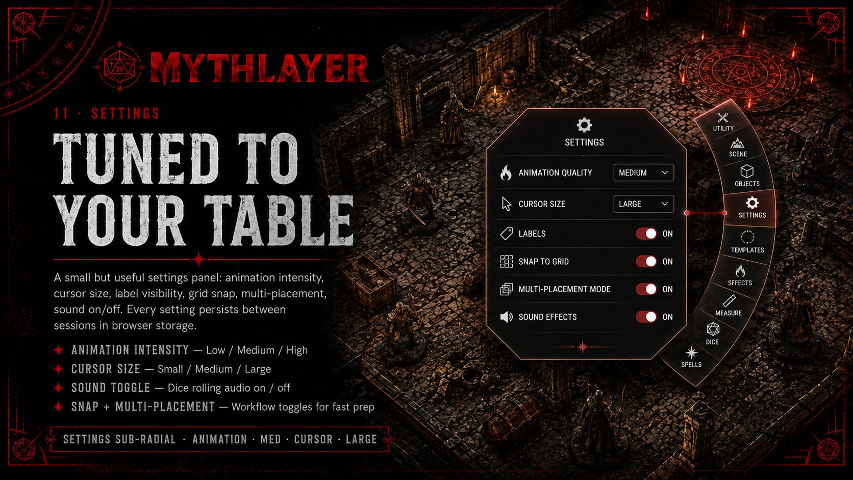 Tuned to Your Table — settings panel for animation intensity, cursor size, labels, snap, and sound